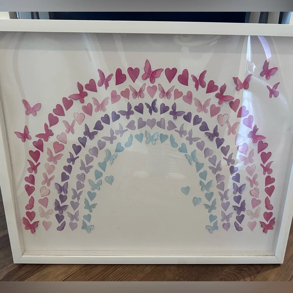 Framed Butterfly Heart Rainbow Wall Art White Decor